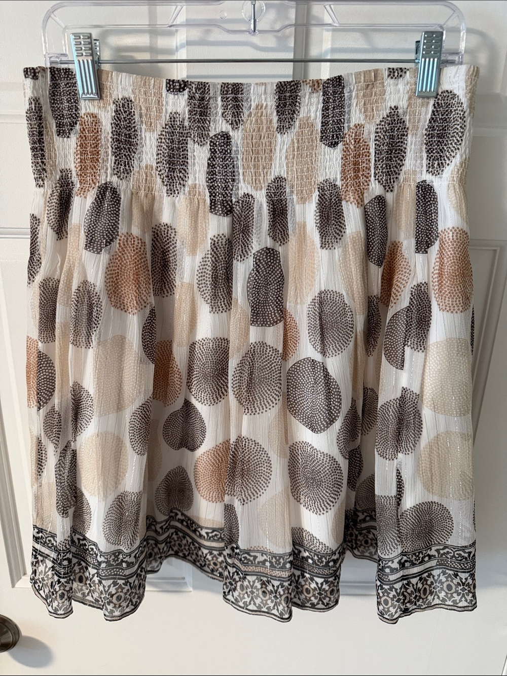 White House Black Market Boho Silk Metallic Polka Dot Smocked Skirt Size Medium